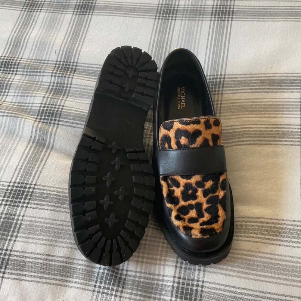 Black animal print loafers